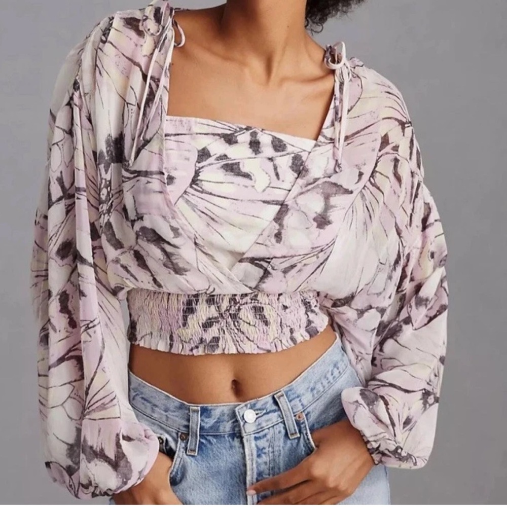 BY ANTHROPOLOGIE Sz XS Sheer Smocked Peasant Crop Top Boho Floral